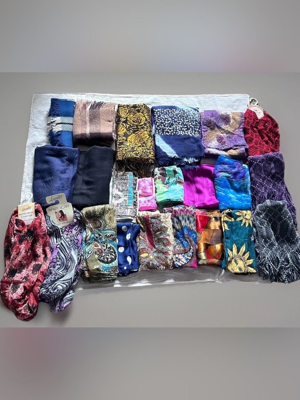 Scarves Lot Of 23 Mixed Color Sizes Fabric Infinity Long Fringed Some New